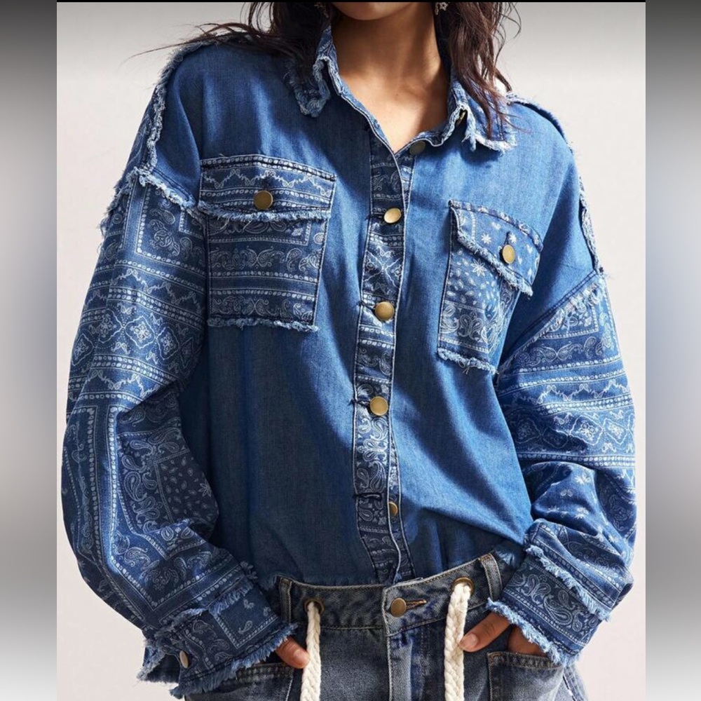 Flower patchwork distressed print big floral Blue… - image 2